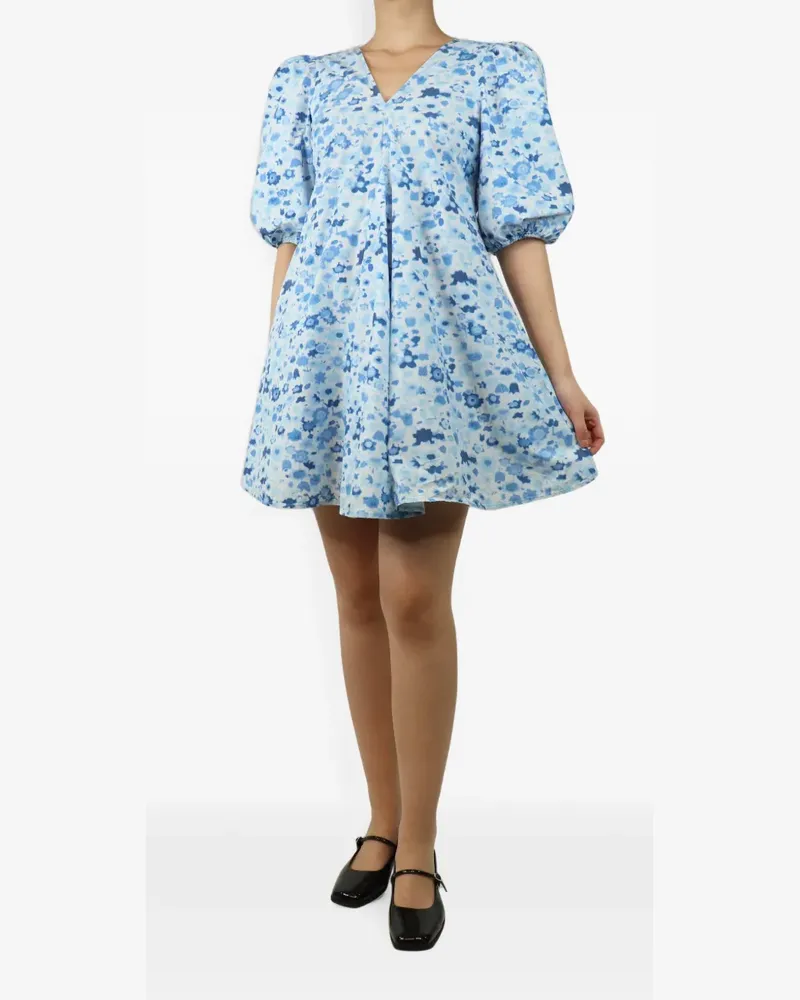 Ganni floral-print puff-sleeve mini dress - Blau Blau