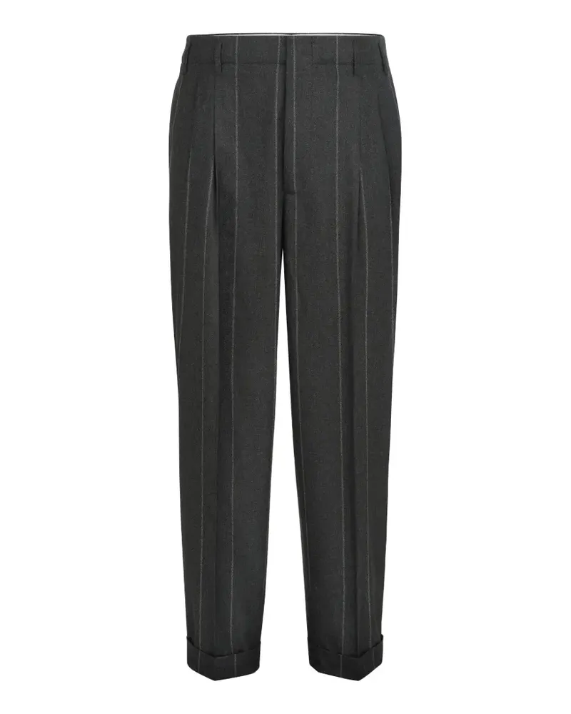 Brunello Cucinelli Flanellhose aus Wolle, Seide und Kaschmir mit Kreidestreifen und Doppelfalten - Grau Grau