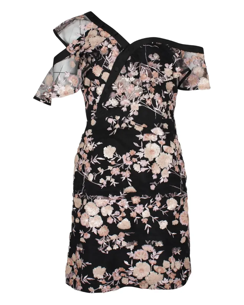 Self-Portrait floral embroidered asymmetric-sleeve mini dress - Schwarz Schwarz