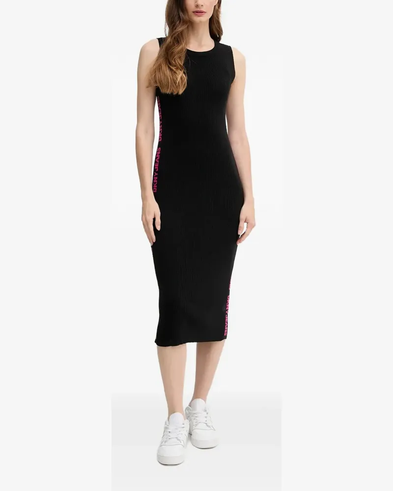 DKNY Geripptes Midikleid mit Textdetail - Schwarz Schwarz