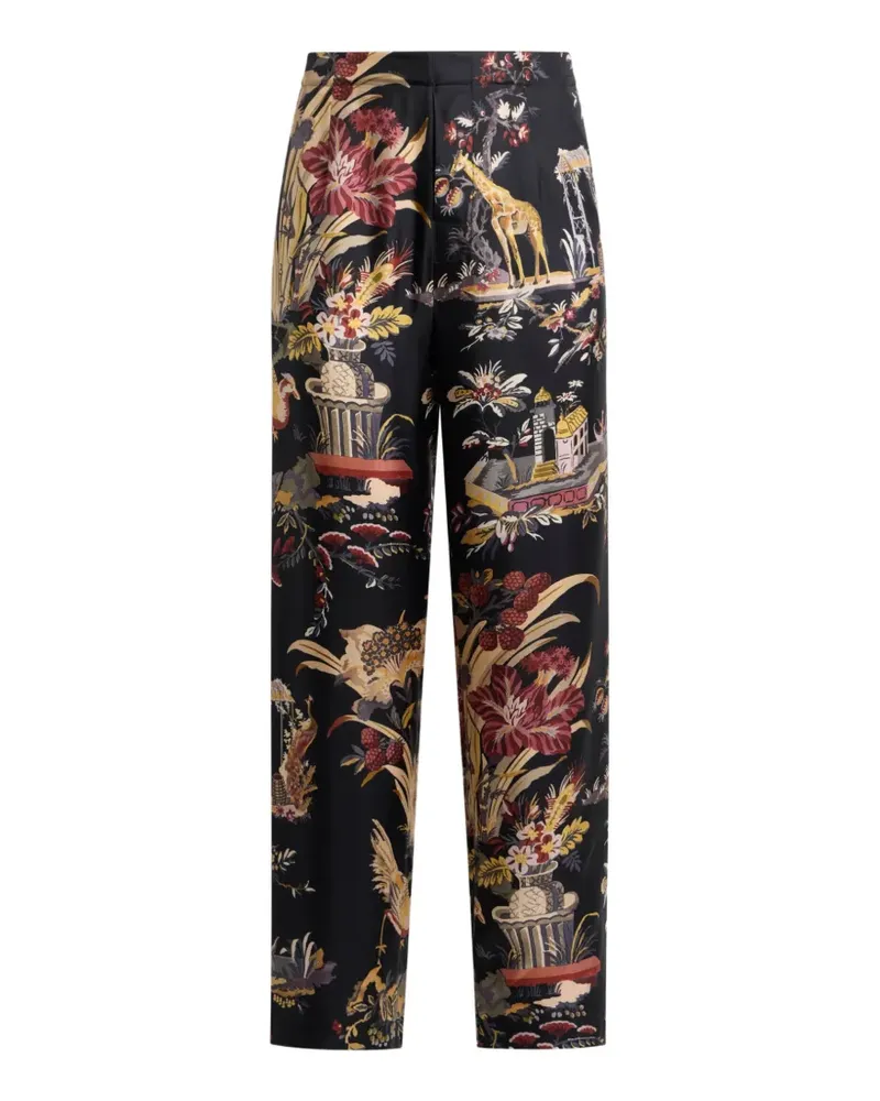 Etro silk pyjama-style trousers with flower and animal motif - Schwarz Schwarz