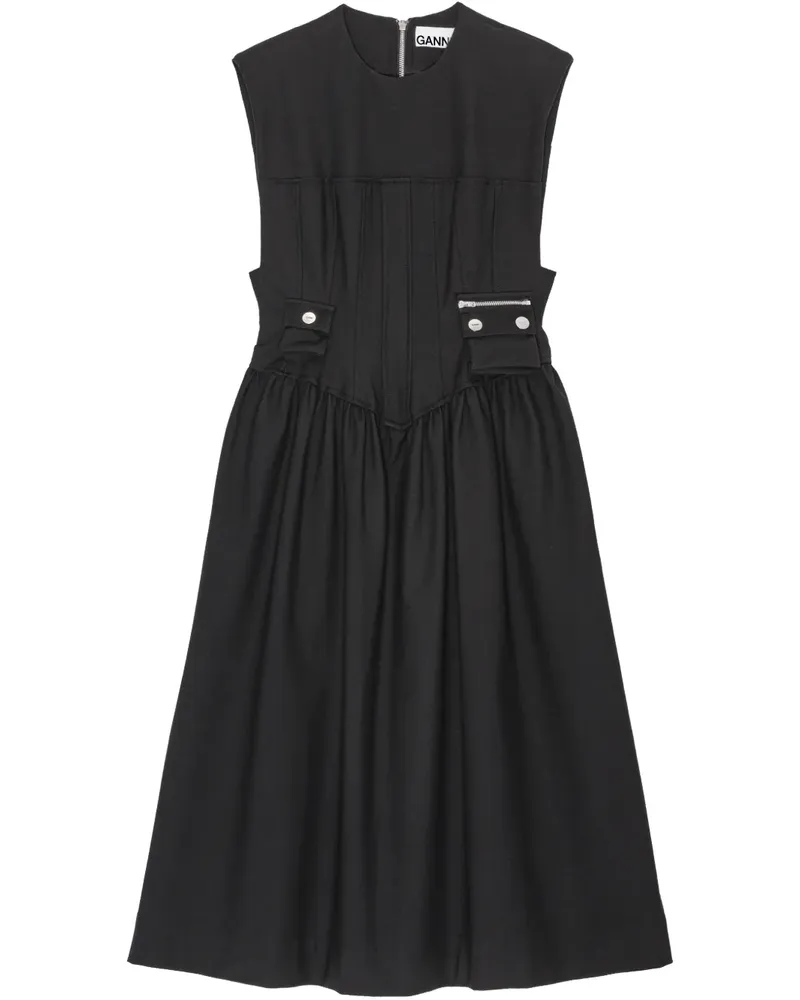Ganni Midikleid mit Faltendetail - Schwarz Schwarz