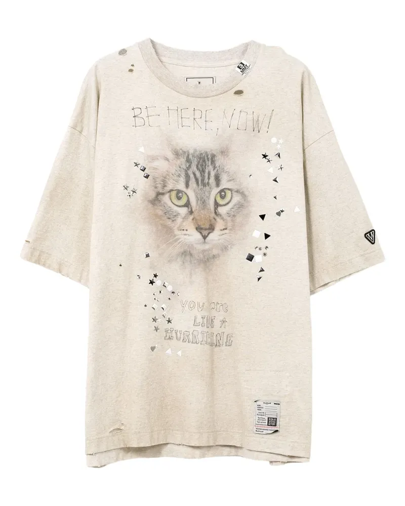 MIHARAYASUHIRO Distressed-T-Shirt mit Katzen-Print - Grau Grau