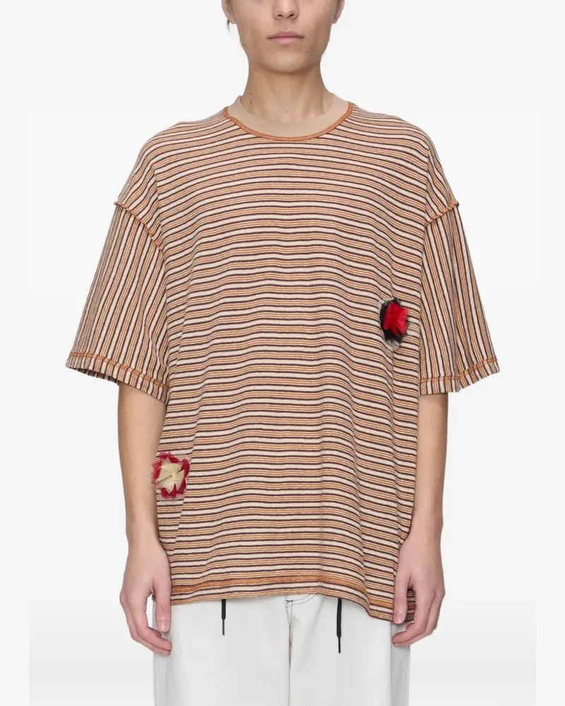 Song For The Mute striped flower-patch T-shirt - Orange Orange