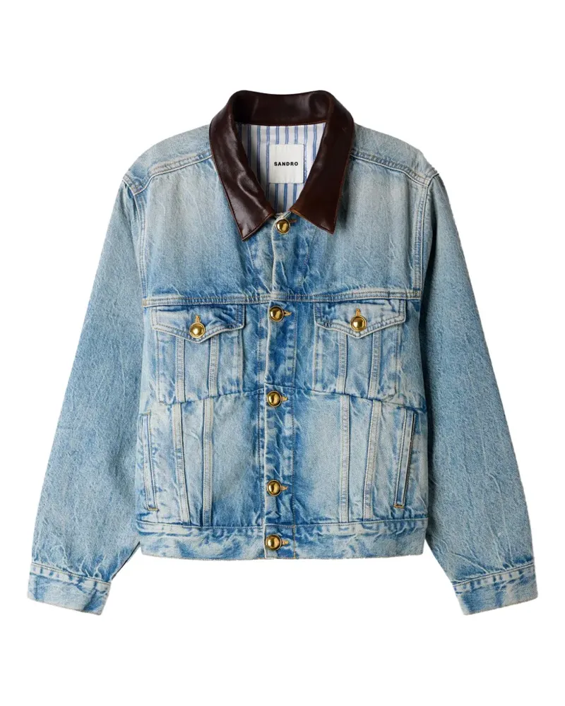 Sandro Geknöpfte Jeansjacke mit Lederkragen - Blau Blau