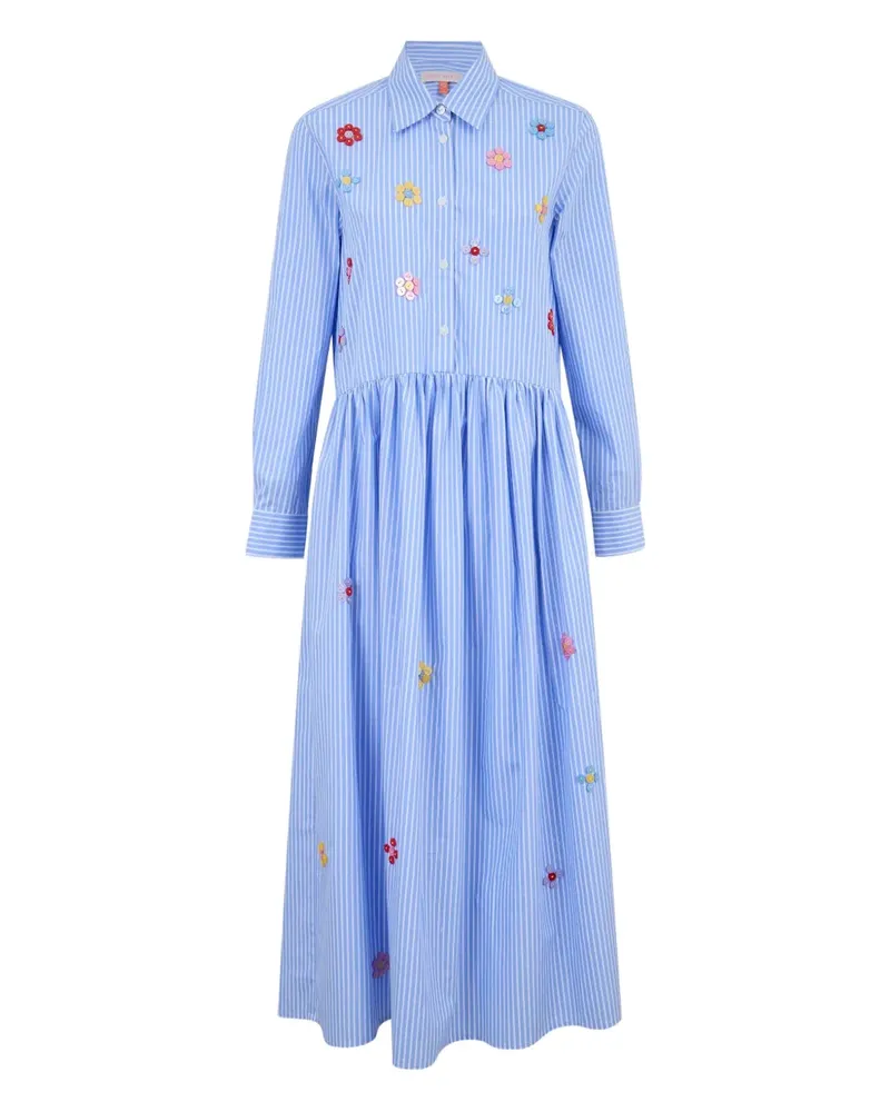 Mira Mikati Gestreiftes Midi-Hemdkleid mit Knopfstickerei - Blau Blau