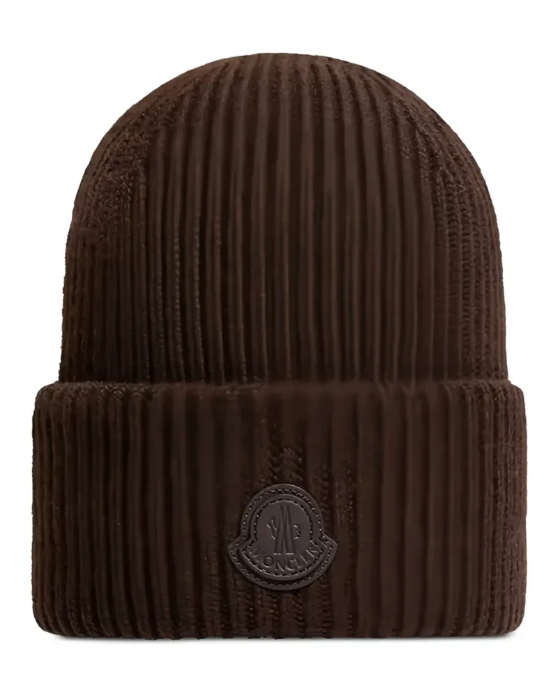 Moncler Gerippte Beanie mit Logo-Patch - Braun Braun
