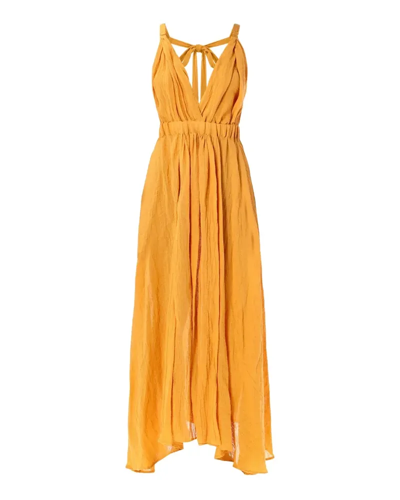 120% Lino ruched tie-fastening dress - Orange Orange