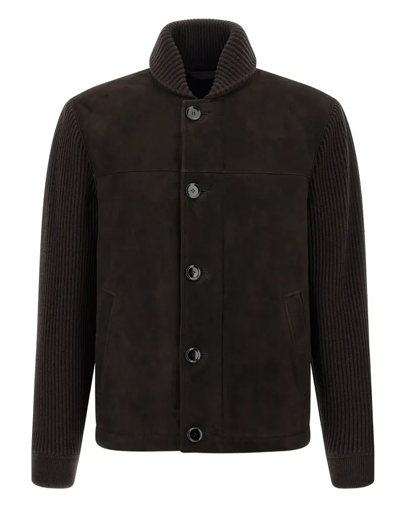 Brioni Wildleder-Bomberjacke mit gerippten Ärmeln - Braun Braun