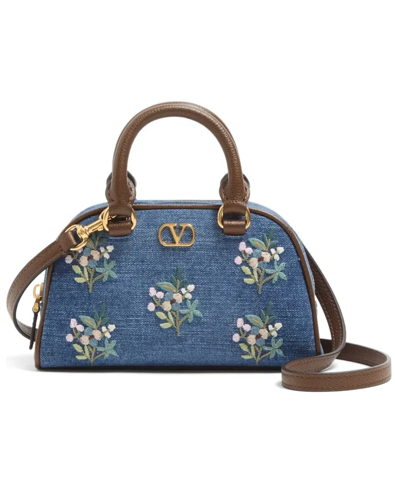 Valentino Garavani Mini VLogo Signature Handtasche aus Denim mit Blumenstickerei - Blau Blau