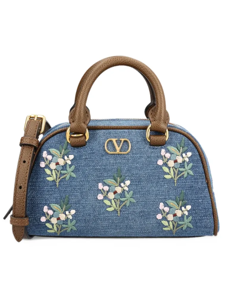 Valentino Garavani Mini VLogo Signature Handtasche aus Denim mit Blumenstickerei - Blau Blau