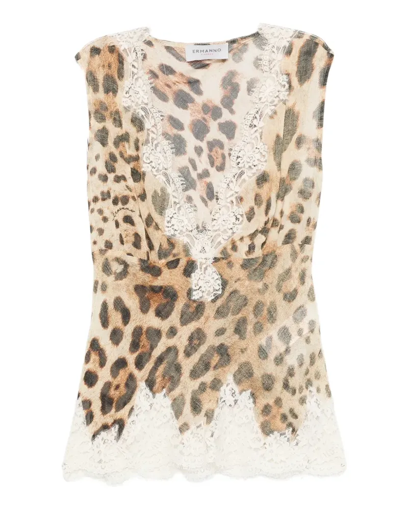 Ermanno Scervino leopard-print lace-trim top - Nude Nude