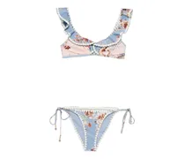 Gerüschter Bikini mit Blumen - Blau