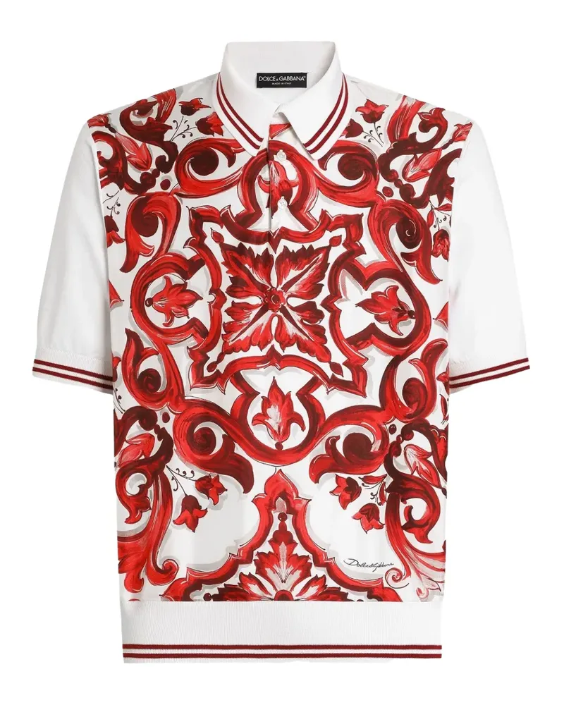 Dolce & Gabbana Poloshirt mit Majolica-Print aus Seide und glatter Baumwolle - Weiß Weiß