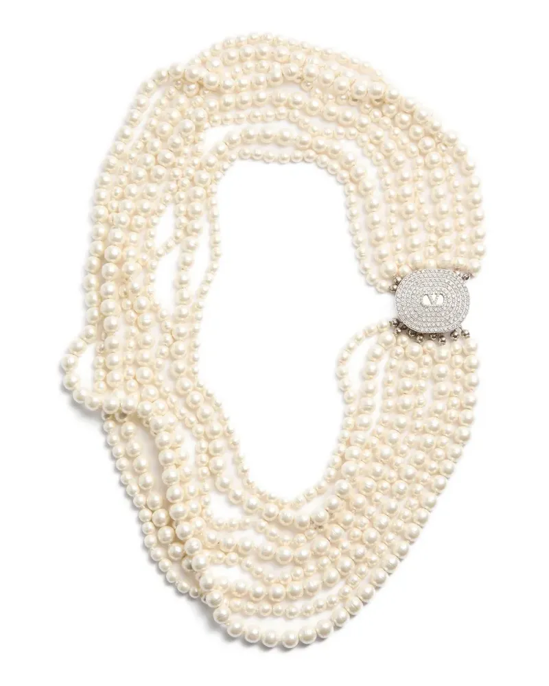 Valentino Garavani Ovalette necklace in metal, baroque glass pearls, and Swarovski® crystals - Silber Silber