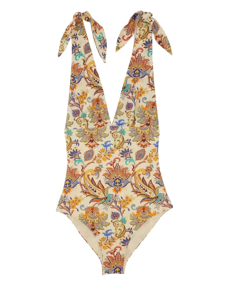 Etro tie-shoulder paisley-print swimsuit - Nude Nude