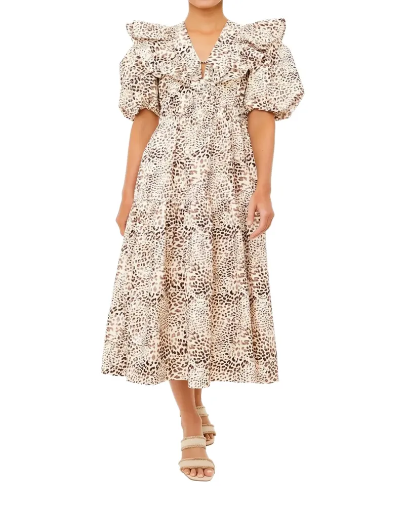Sea Calla cheetah-print puff-sleeve midi dress - Nude Nude