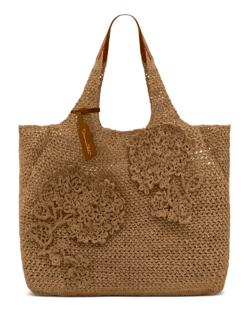 Oscar de la Renta Schultertasche mit floralen Applikationen mit Topas - Braun Braun