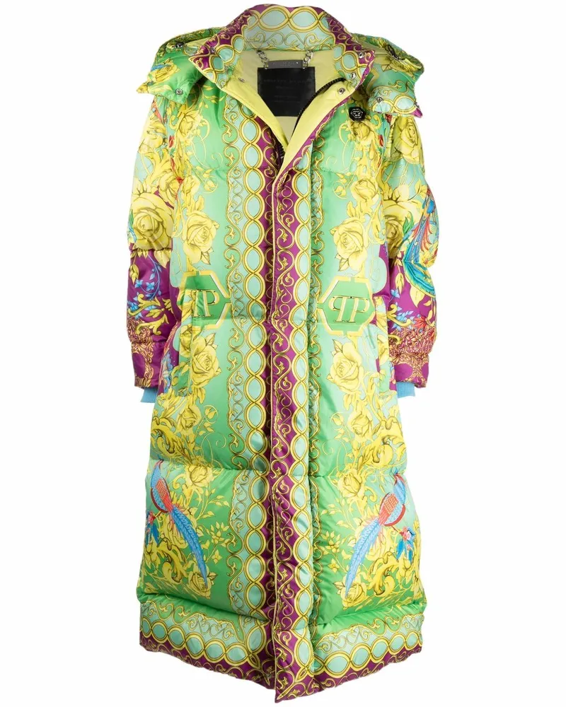 Philipp Plein Lange Daunenjacke mit Barock-Print - Grün Grün