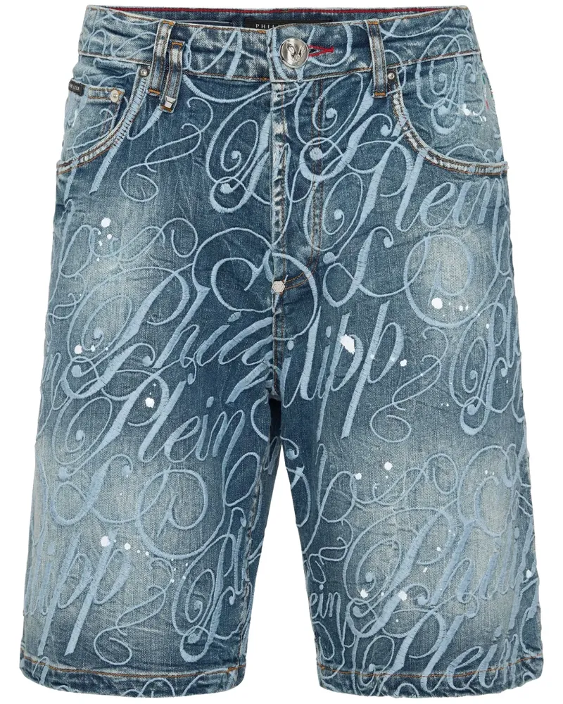 Philipp Plein Jeans-Shorts mit Logo-Print - Blau Blau