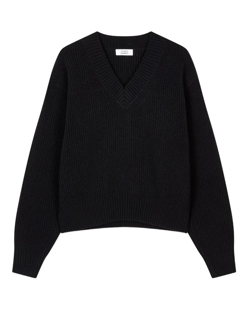 STUDIO TOMBOY Gerippter Pullover mit V-Ausschnitt - Schwarz Schwarz
