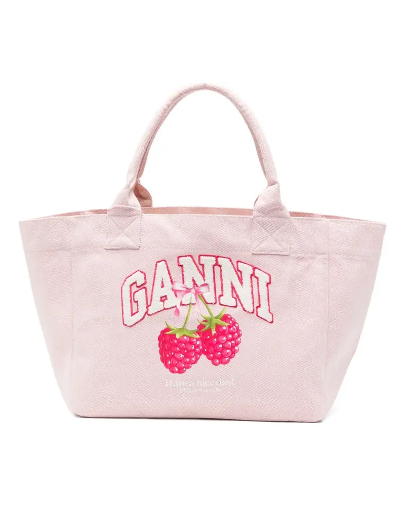 Ganni logo-patch raspberry-print tote bag - Rosa Rosa