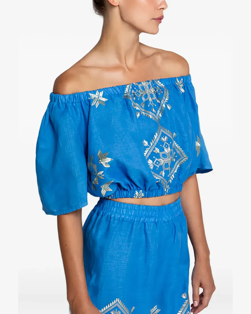 Greek Archaic Kori Bestickte Bluse ohne Träger - Blau Blau