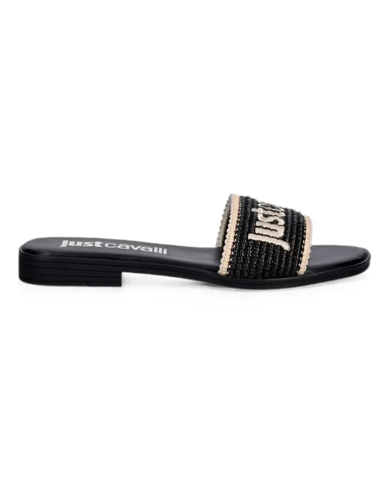 Just Cavalli logo-embroidered raffia-effect flat sandals - Schwarz Schwarz