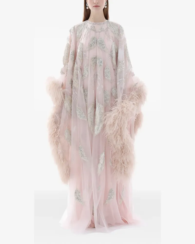 Dina Melwani feather-trim crystal-embroidered maxi dress - Rosa Rosa