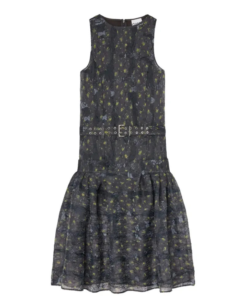 Ganni Geblümtes Midikleid mit Gürtel - Grau Grau