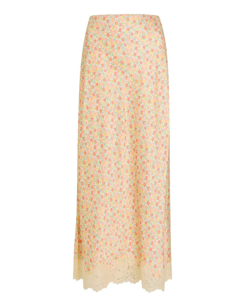 RIXO Matilde floral-print lace-trim midi skirt - Nude Nude
