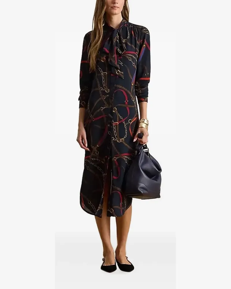 Ralph Lauren chain print tie neck midi dress - Blau Blau