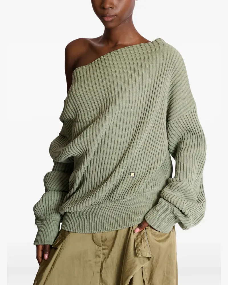 Balmain Gerippter Pullover mit asymmetrischem Kragen - Grün Grün