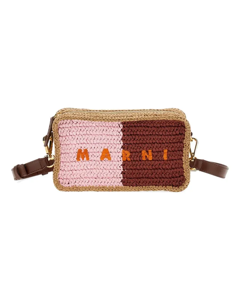 Marni logo-embroidered woven shoulder-bag - Braun Braun