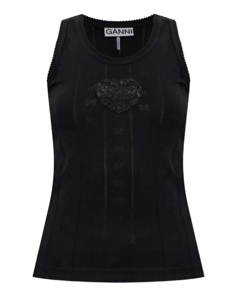 Ganni heart-patch pointelle-knit top - Schwarz Schwarz
