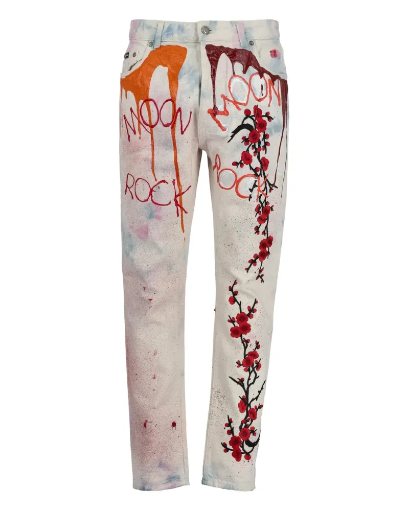 Palm Angels flower-print paint-splatter art jeans - Nude Nude