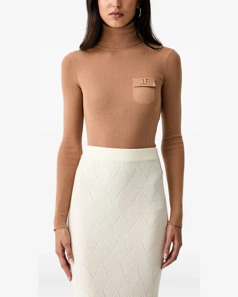 Elisabetta Franchi Gerippter Pullover mit Logo-Schild - Nude Nude