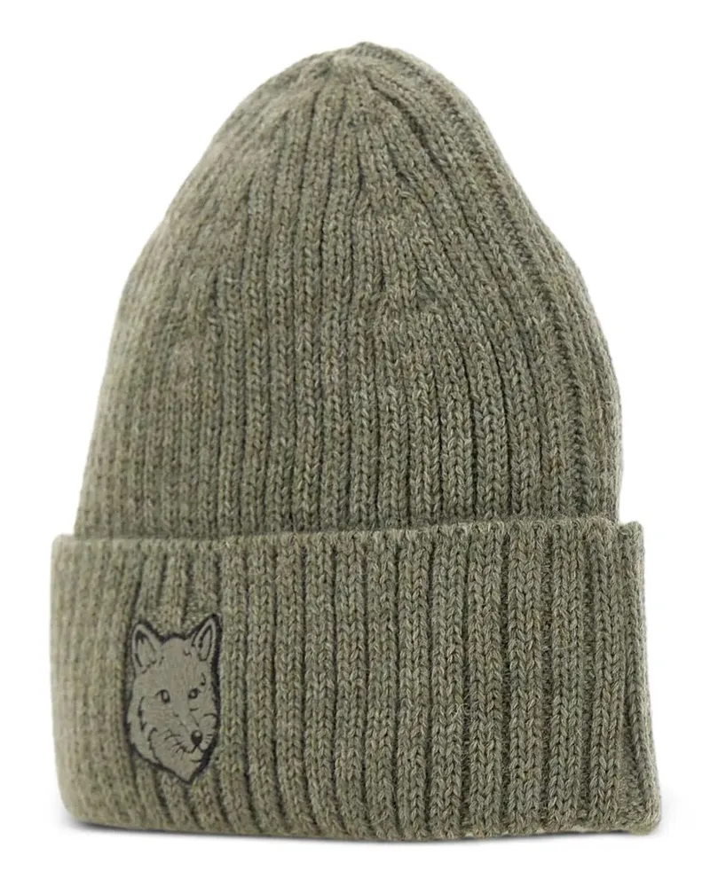 Kitsuné Gerippte Beanie mit Fuchskopf - Grün Grün