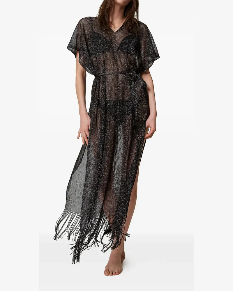 Twin-Set Semi-transparentes Kleid mit Fransen - Schwarz Schwarz