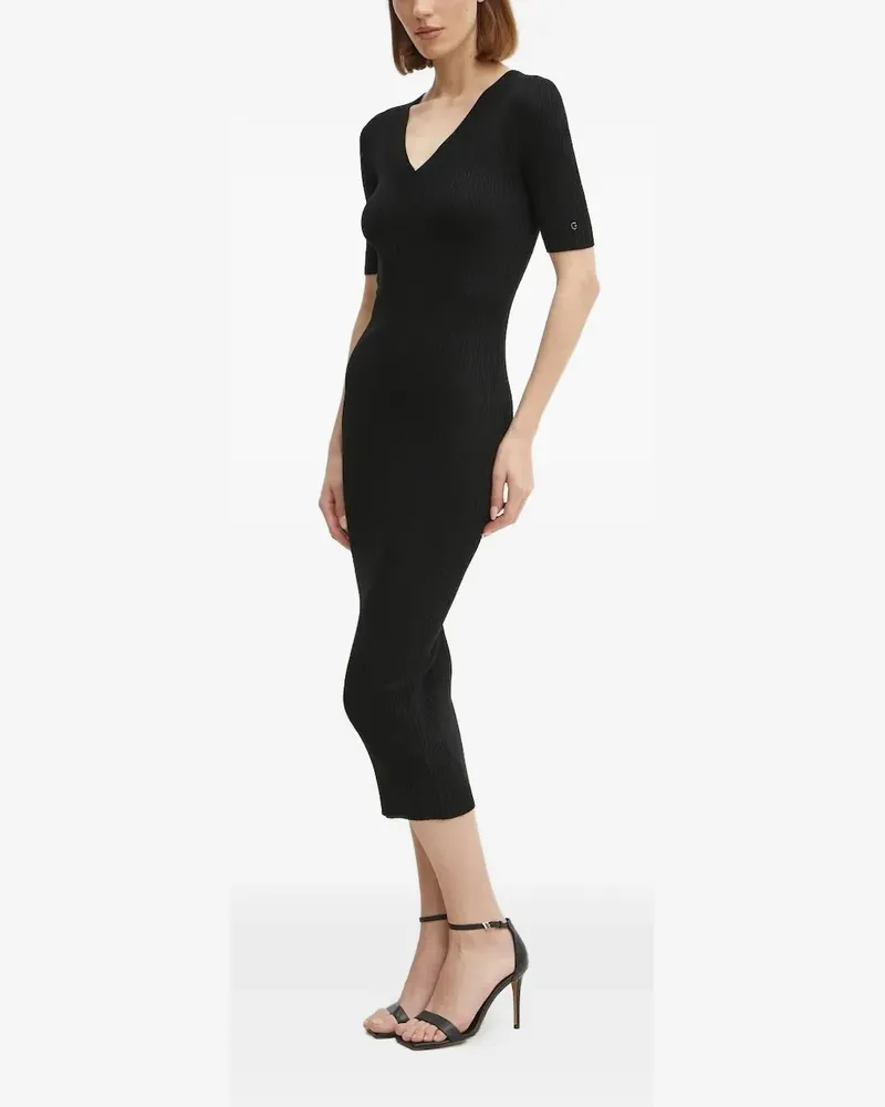 Guess Geripptes Kleid mit V-Ausschnitt - Schwarz Schwarz