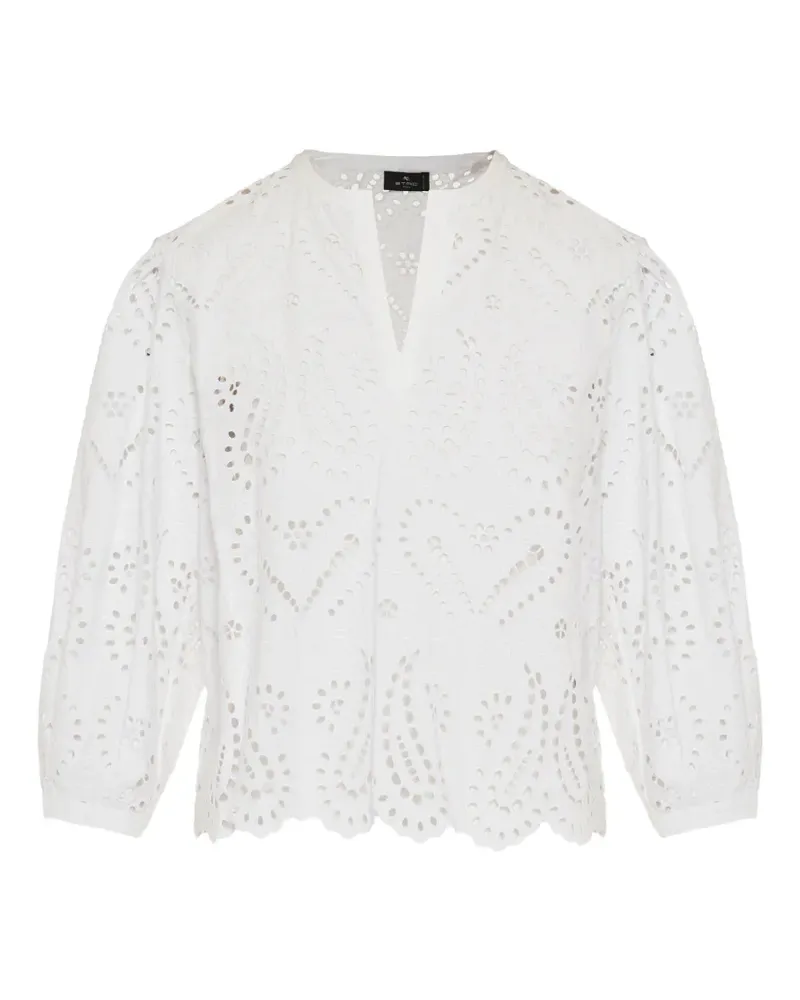 Etro Lochstickerei-Spitzenbluse mit Paisley und Herzen - Weiß Weiß