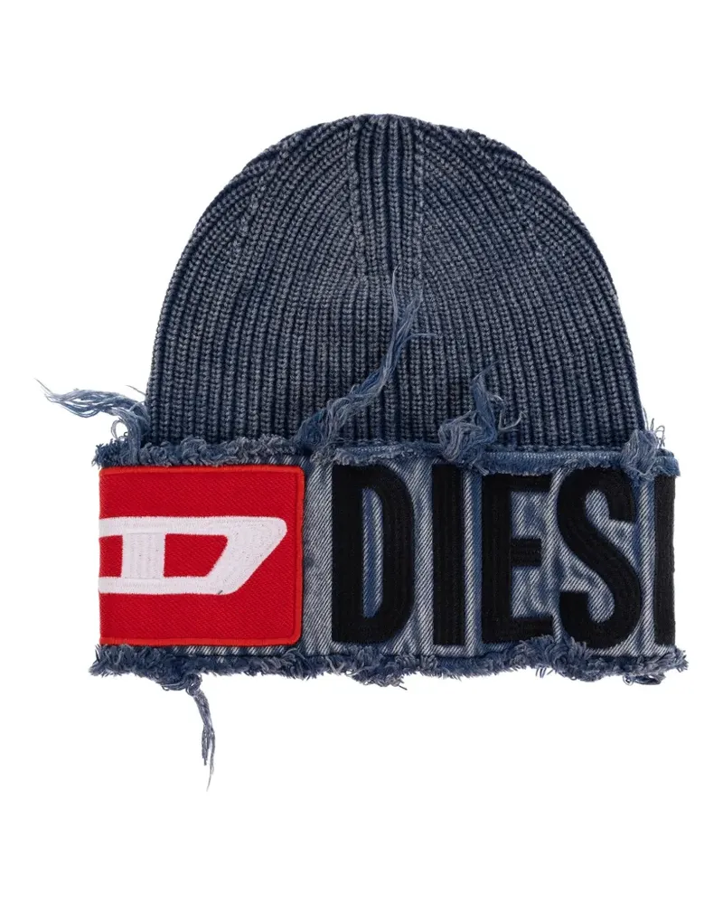 Diesel Ausgefranste Beanie mit Logo-Patch - Blau Blau