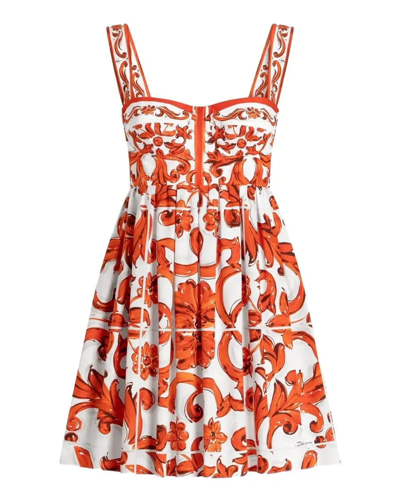 Dolce & Gabbana Kurzes Popeline-Kleid mit Majolica-Print - Weiß Weiß