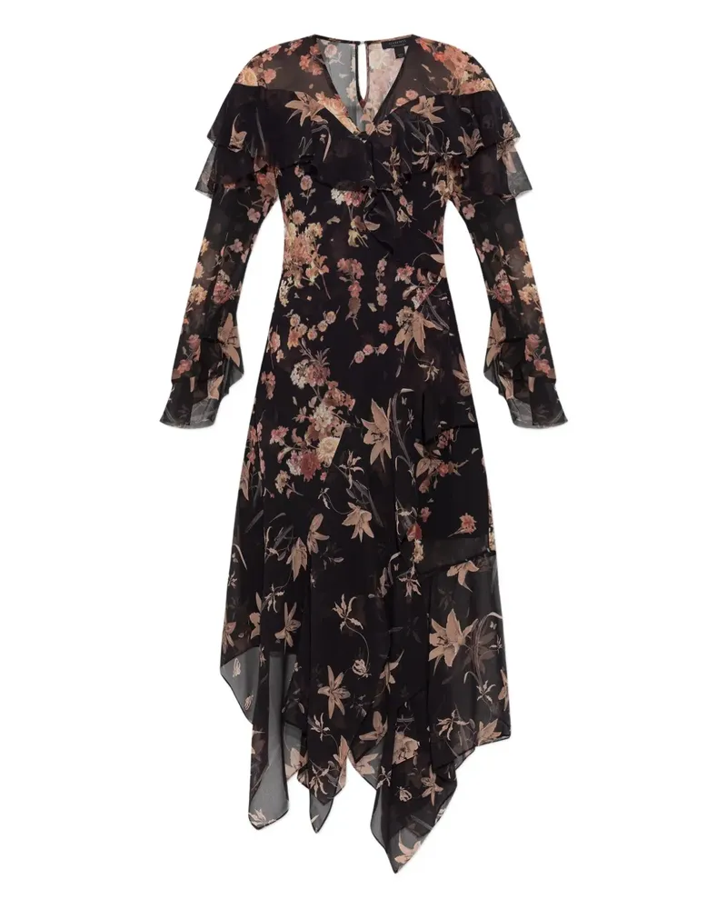 AllSaints Fresca Midikleid mit Blumen-Print - Schwarz Schwarz
