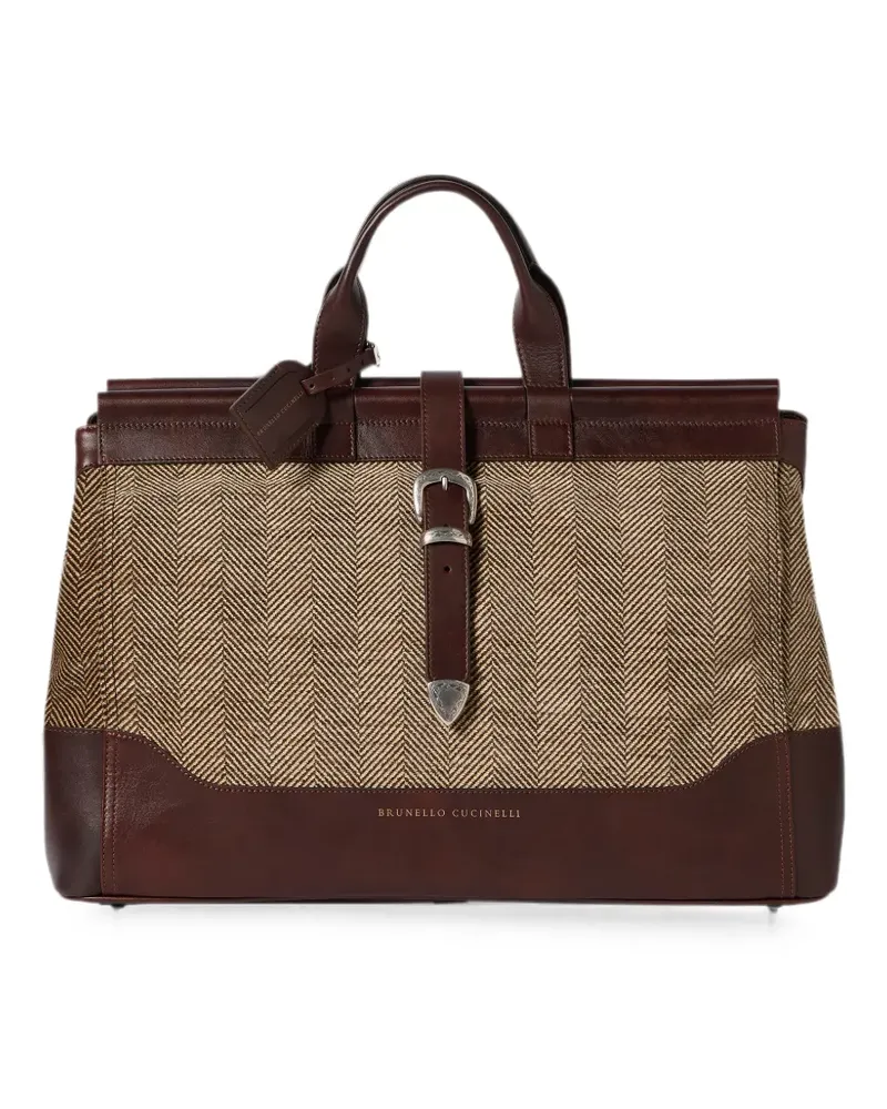 Brunello Cucinelli Techno Arzttasche aus poliertem Kalbsleder mit Chevron-Effekt - Braun Braun