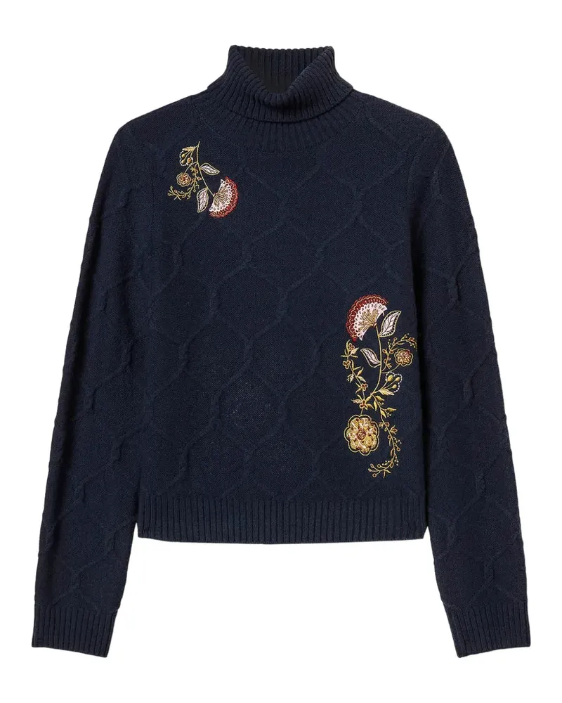 Twin-Set Rollkragenpullover aus Wolle mit Blumenstickerei - Blau Blau