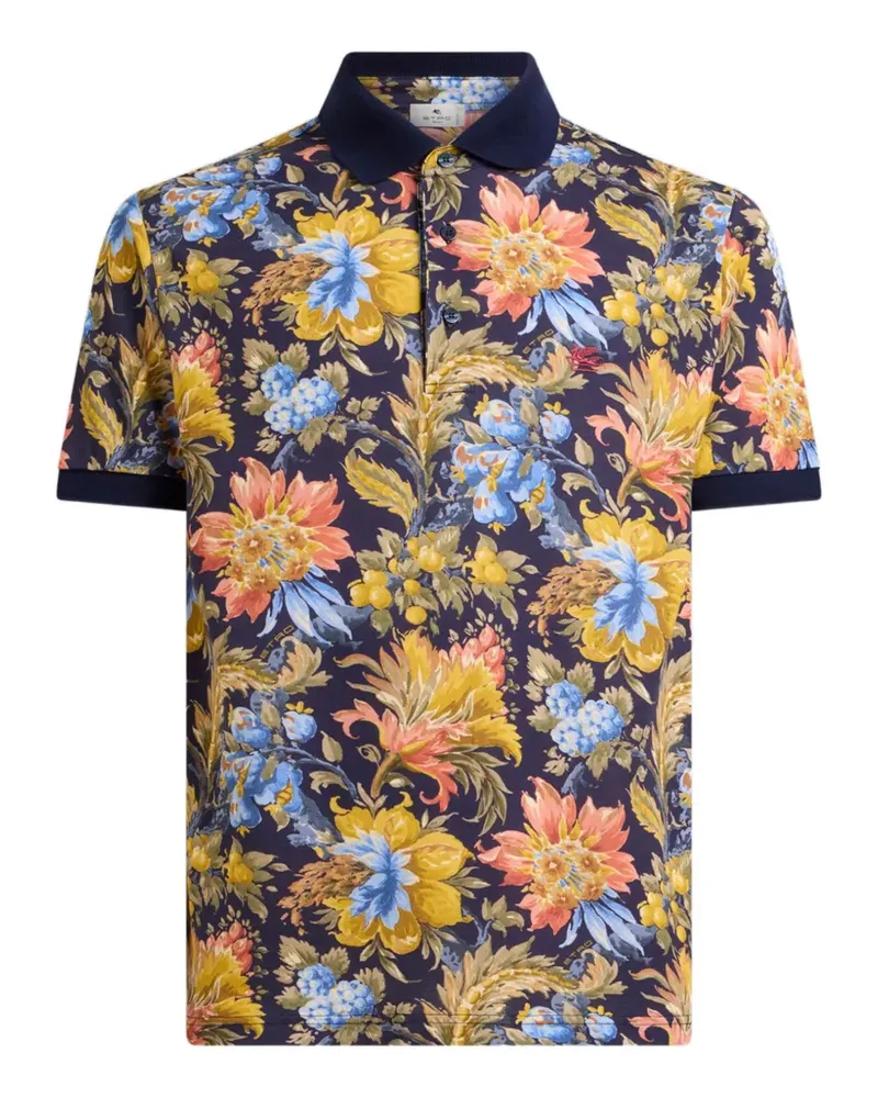 Etro Poloshirt aus Baumwoll-Piqué mit einfarbigen Details und Blumenmotiv - Blau Blau