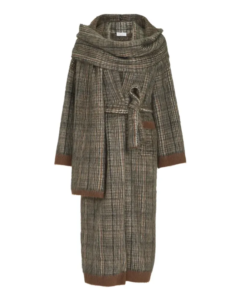 Brunello Cucinelli Prince of Wales Doppelstrick-Mantel mit Schal - Nude Nude