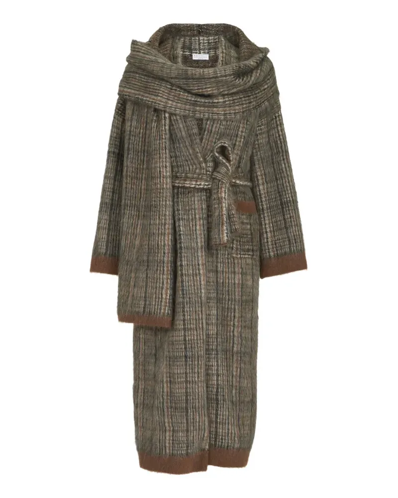 Brunello Cucinelli Prince of Wales Doppelstrick-Mantel mit Schal - Nude Nude
