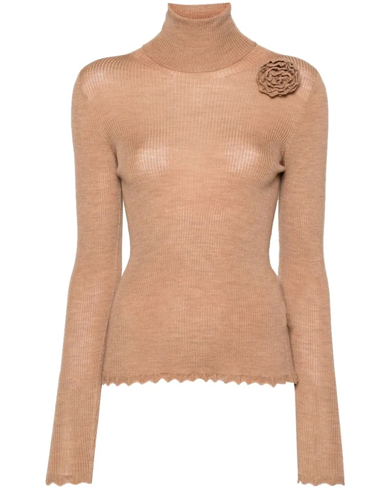 Blumarine Rollkragenpullover mit Blumenbrosche Nude